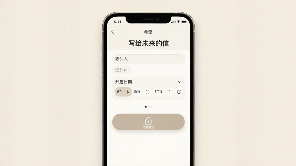 hope 应用内时间胶囊创建界面的详细渲染图,画面主体是一部智能手机,屏幕上显示着“写给未来的信”编辑页面,页面中包含收件人输入框、开启日期选择器和一个带有锁形图标的密封按钮,背景采用淡雅的米白色调,布局清晰有序,风格简约现代,细节精致,画质清晰,画面干净整洁,无多余装饰元素