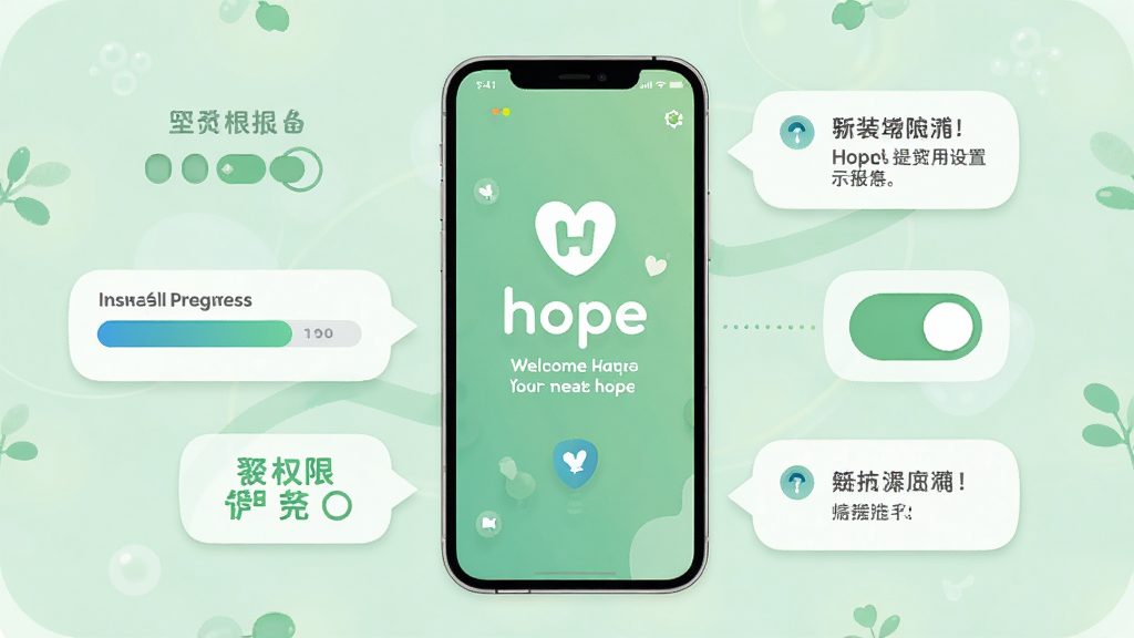 hope 应用新手安装与权限设置示意图,画面以一部手机为中心,周围环绕着安装进度条、权限开关图标和提示气泡,手机屏幕上显示着 hope 的欢迎界面,背景为柔和的浅绿色调,布局层次分明,风格友好亲切,细节清晰,画质干净,无多余装饰