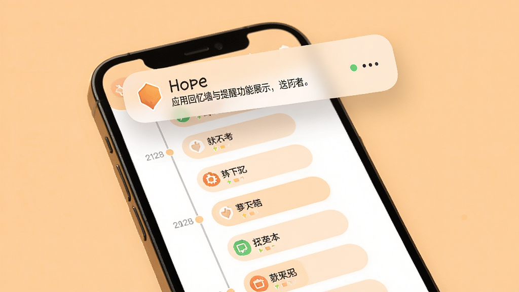hope 应用回忆墙与提醒功能展示图,画面主体是一部手机,屏幕上呈现着时间轴样式的胶囊列表,每个条目带有日期标签和状态图标,屏幕上方悬浮着一条温和的通知提醒横幅,背景为温暖的浅橙色,布局清晰直观,风格亲切自然,细节丰富,画质清晰,画面干净整洁