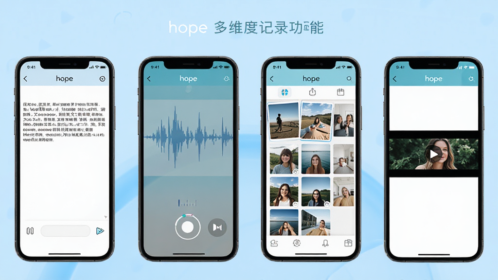 hope 应用多维度记录功能展示图,画面以网格形式呈现四个并列的手机屏幕截图,分别展示文字编辑、语音录制波形、图片选择相册和视频预览界面,每个屏幕都带有 hope 品牌标识,背景为柔和的浅蓝色渐变,排版整齐对称,风格清新明快,细节丰富,画质高清,画面干净无杂乱元素