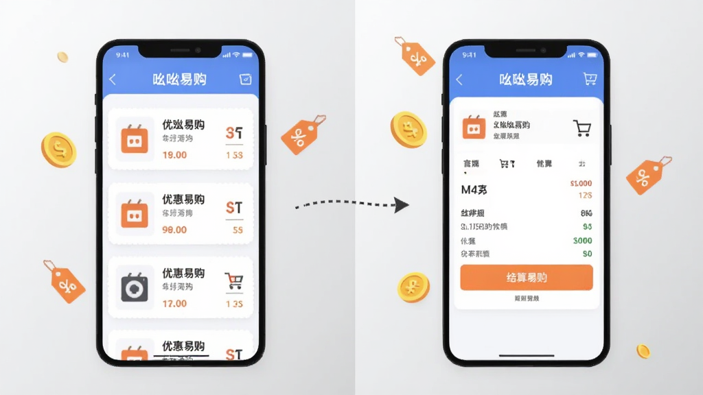画面分为左右两部分,左侧为手机屏幕截图风格的优惠券列表界面,右侧为购物车结算页面,两张界面之间用虚线箭头连接表示使用流程;背景为浅灰色渐变,点缀少量金币与折扣标签图形;整体风格为扁平化UI展示插画,排版规整,细节清晰,画质干净,图片中可出现文字“吆吆易购”