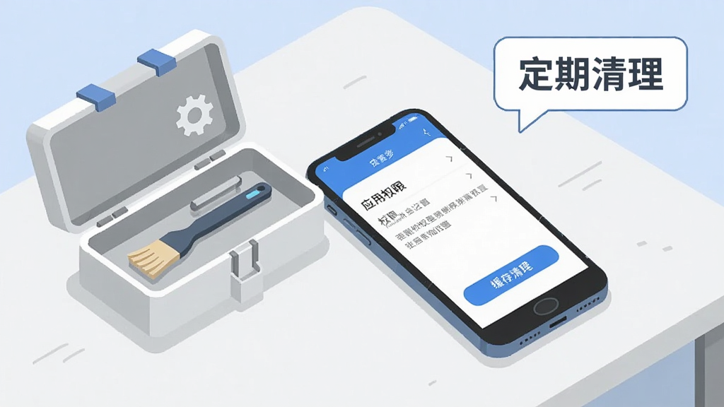一部手机平放在浅色桌面上,屏幕显示应用权限设置界面与缓存清理按钮,手机旁边放置一个打开的简易工具箱,内含小刷子与齿轮图标;画面右上角有提示气泡标注“定期清理”;整体风格为简洁的扁平化科技插画,配色以白灰蓝为主,排版清晰,细节干净,画质明亮,无多余元素