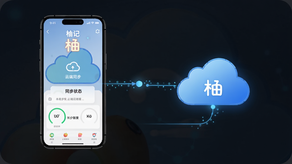 一张展示“柚记”应用云端同步功能的示意图,画面中包含手机设备与云端图标之间的数据连接示意,界面中显示同步状态提示,整体风格科技感与简洁感兼具,画质清晰干净
