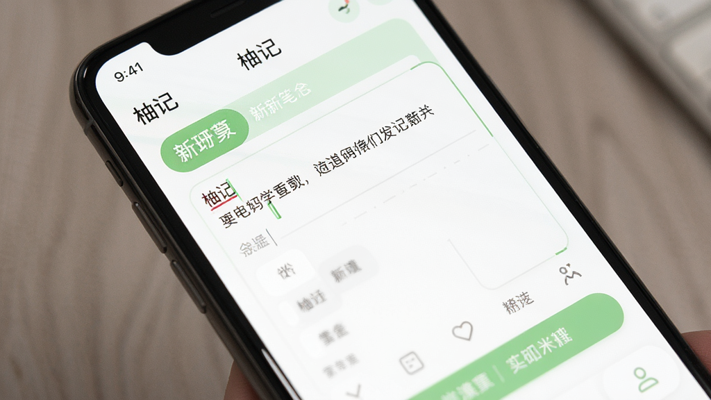 一张手机应用界面展示图,画面中“柚记”应用正在创建一条新笔记,输入框内显示文字内容,界面配色以白色和浅绿色为主,布局清晰,风格简约现代,画质干净清晰