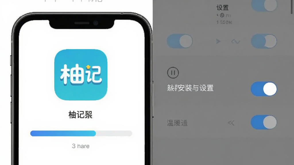 一张手机应用安装与设置界面的示意图,画面中展示“柚记”应用图标与安装进度条,旁边配有权限设置开关示意,整体风格简洁明了,画质清晰,干净无多余元素