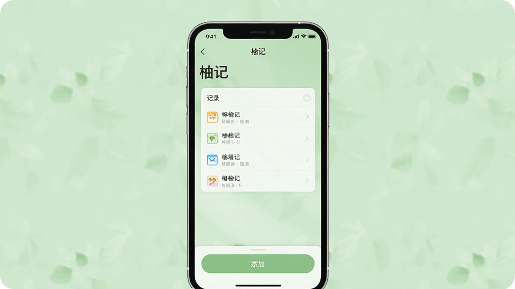 一张展示手机屏幕的图片,屏幕中打开“柚记”应用主界面,界面布局简洁,顶部显示“柚记”名称,中部为记录列表,底部为添加按钮,背景为柔和的浅绿色,整体风格清新自然,画质清晰,干净无多余元素