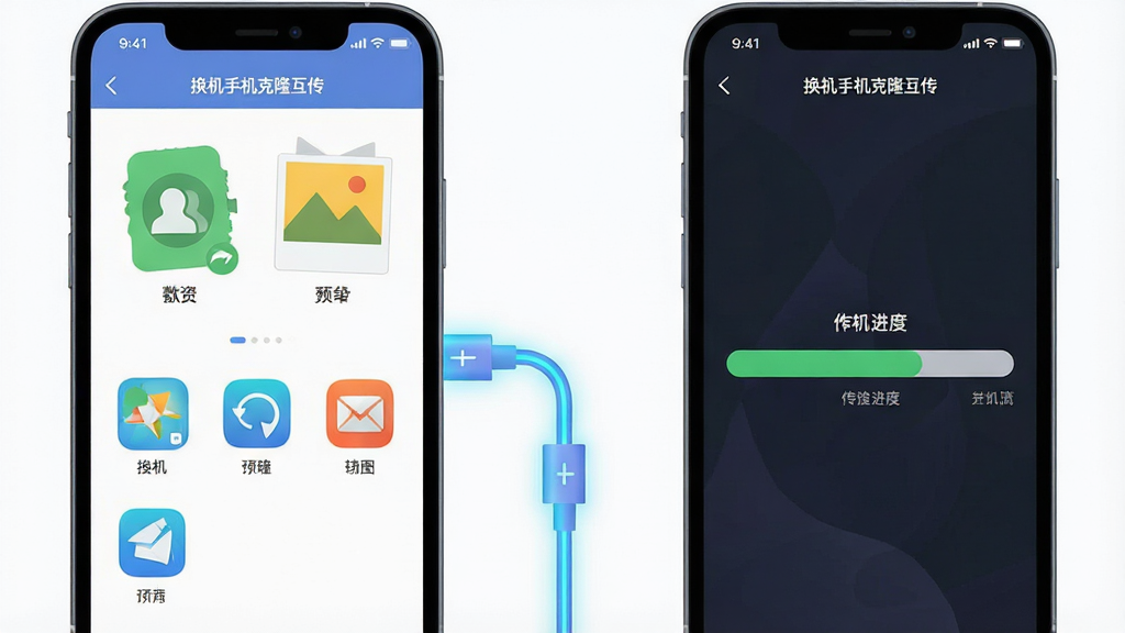 画面主体为两部智能手机并排摆放,中间以发光的数据线连接,屏幕上分别显示“换机手机克隆互传”软件界面和传输进度条,布局采用左右对称构图,排版简洁大气,风格为科技感扁平插画,细节包括手机屏幕上的通讯录、照片、应用图标等元素,画质高清,画面干净,无多余元素