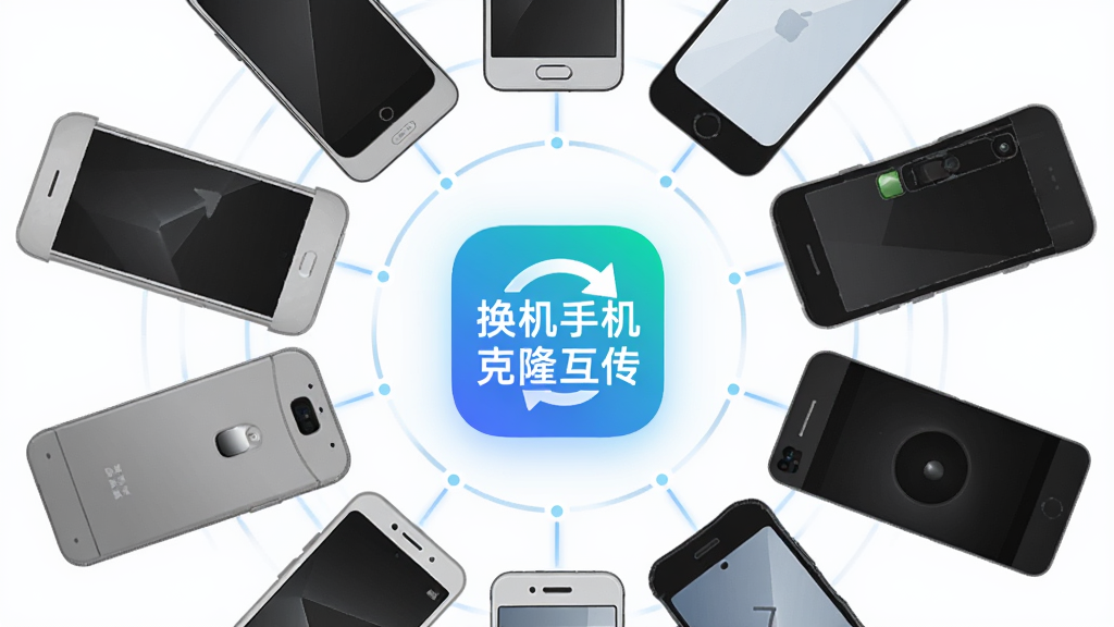 画面主体为多部不同品牌手机围绕成一个圆圈,圆圈中心显示“换机手机克隆互传”软件图标,布局为环形构图,排版均衡,风格为现代简约插画,细节包括各品牌手机轮廓、中心发光图标、连接线条,画质高清,画面干净,无多余元素