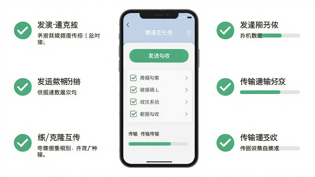 画面主体为一部手机屏幕显示换机手机克隆互传的操作步骤界面,旁边配有对勾图标和进度条,布局为手机居中、步骤说明环绕四周,排版清晰有序,风格为扁平化教程插画,细节包括发送接收按钮、数据勾选列表、传输进度条,画质高清,画面干净,无多余元素