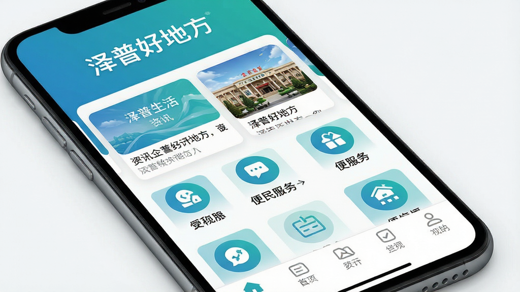 手机屏幕展示本地生活服务应用界面,主页面顶部为泽普好地方文字标识,中部为资讯卡片与便民服务图标网格,底部为导航栏,整体布局清晰,风格简洁明快,蓝绿色调,干净无多余元素,高清画质