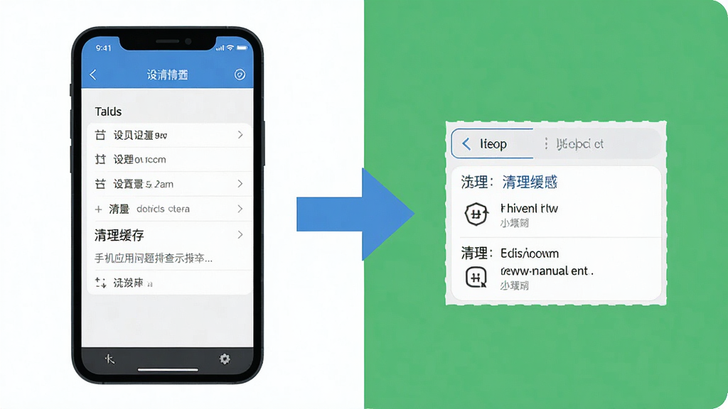 手机应用问题排查示意图,屏幕显示设置页面与清理缓存选项,旁边有箭头指向,风格扁平化,配色简洁,布局清晰,高清画质,干净无多余元素
