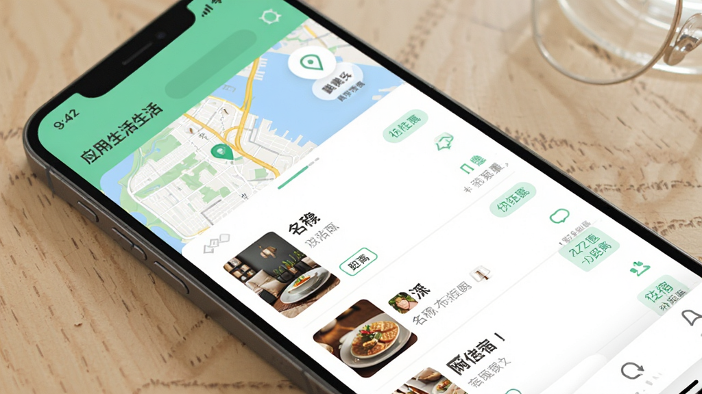 手机应用周边生活页面,地图与列表结合展示附近餐饮住宿信息,列表项包含名称与距离标签,界面配色清新,布局合理,风格现代,高清画质,干净无多余元素