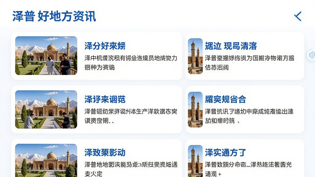 手机应用资讯列表页面,标题为泽普好地方资讯,页面内排列多条图文资讯卡片,左侧缩略图右侧标题摘要,界面整洁,白色背景配蓝色点缀,风格清爽,高清画质,干净无多余元素