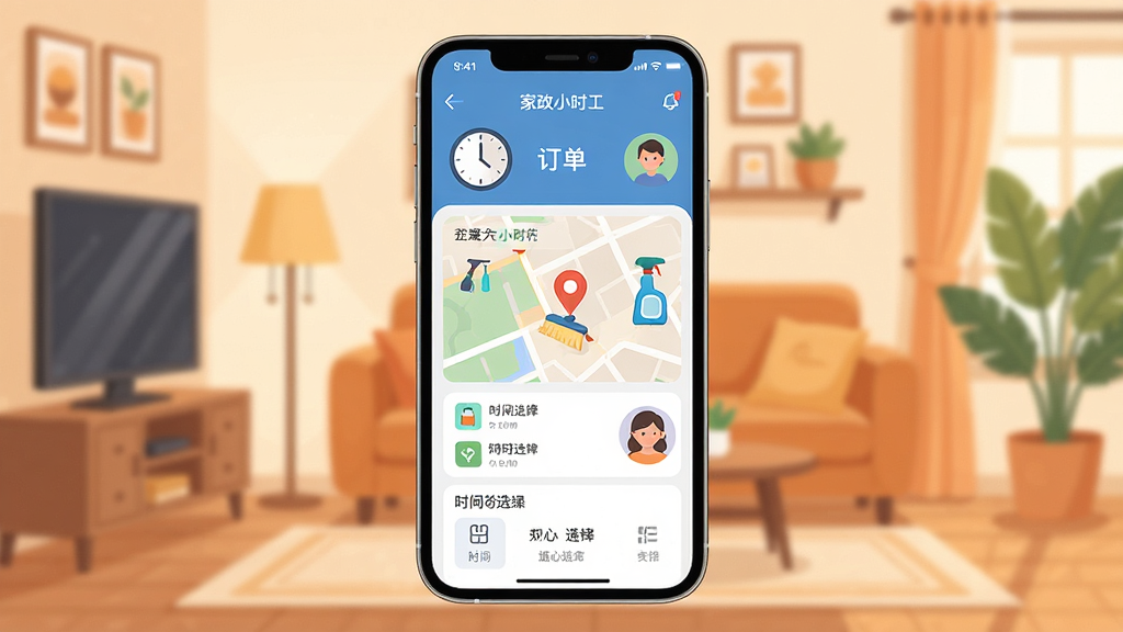 手机屏幕中展示家政小时工应用主界面,界面包含订单列表、地图定位、时间选择等模块,背景为温馨家居环境,画面布局为居中手机特写,风格为扁平化科技插画,细节包含时钟图标、保洁工具图标、人物头像,画质清晰干净,无多余元素