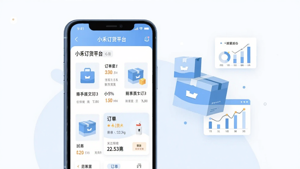 画面主体为一部竖屏智能手机,屏幕中央展示“小禾订货平台”应用界面,包含商品列表与订单卡片;手机置于画面正中偏左,右侧漂浮商品包装盒与数据图表元素;整体采用扁平化插画风格,色调以浅蓝与白色为主;细节上屏幕内文字清晰可辨,背景干净无杂乱装饰;画质高清,构图简洁,无多余元素