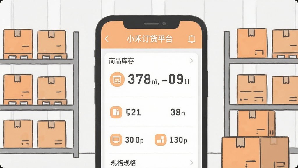 画面主体为“小禾订货平台”库存管理界面截图风格插画,屏幕显示商品库存数字与规格标签;布局为手机居中,周围环绕仓库货架与纸箱简笔元素;风格为现代扁平风,配色浅橙与灰白;细节上数字清晰、图标统一;画质干净,构图平衡,无多余元素