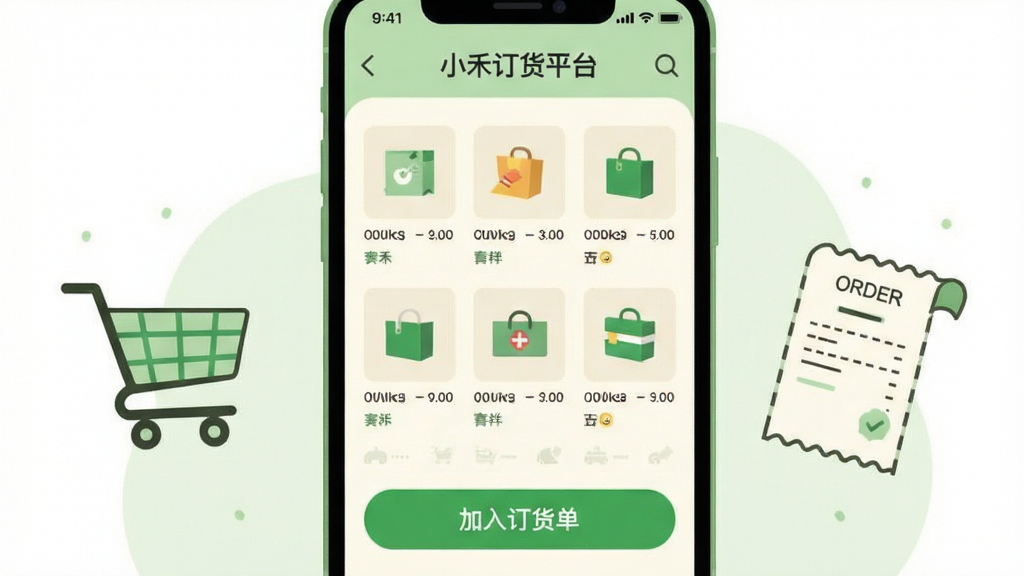 画面主体为手机屏幕特写,显示“小禾订货平台”商品分类页面与加入订货单按钮;布局为居中构图,手机两侧点缀购物车图标与订单小票图形;风格为清爽扁平插画,主色浅绿与米白;细节上商品缩略图排列整齐,按钮醒目;画质清晰,背景干净,无多余元素