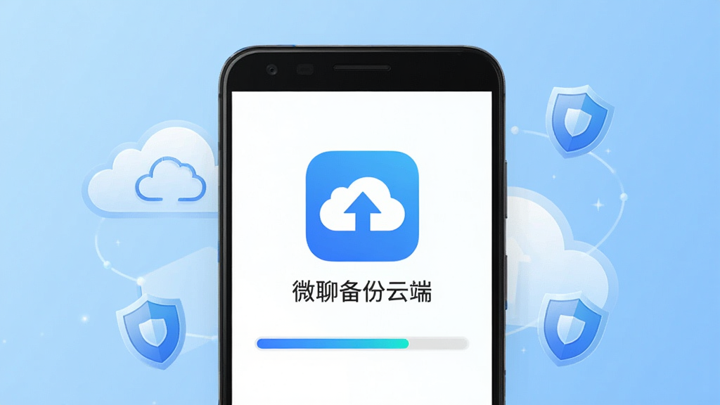软件主界面展示,画面中央是一部安卓手机,手机屏幕上显示“微聊备份云端”的软件图标与简洁的备份进度条,手机周围环绕着云朵和盾牌图标,背景为浅蓝色渐变,整体风格清爽科技感,排版居中对称,细节上突出云端存储与数据安全的视觉元素,画质清晰干净,无多余元素