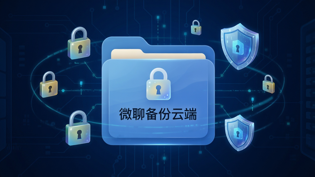 画面中央是一个带有锁形图标的手机文件夹,文件夹内显示“微聊备份云端”字样,文件夹外部环绕着加密符号和盾牌,背景为深蓝色科技纹理,风格偏向安全防护主题,主体文件夹位于画面正中央,布局对称稳重,细节上表现加密锁与数据保护的关系,画质清晰干净,无多余元素
