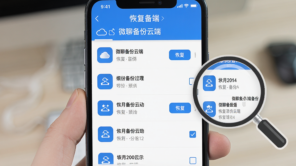 手机屏幕显示“微聊备份云端”的恢复界面,界面中列出多个按日期排列的备份包,旁边有恢复按钮和勾选框,画面右侧有一个放大镜图标正在查看备份详情,整体风格为简约商务风,主体界面占据画面中心,布局清晰有序,细节上突出备份列表与恢复操作,画质干净无杂乱元素