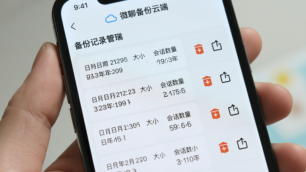 手机屏幕展示“微聊备份云端”的备份记录管理页面,页面上以列表形式呈现多条备份记录,每条记录包含日期、大小和会话数量,右侧有删除和导出图标,画面采用浅色清新风格,主体列表占据画面大部分区域,布局规整,细节上突出记录条目与操作按钮,画质干净清晰