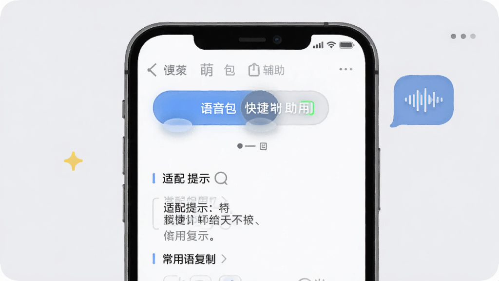 一部手机展示萌语聊天辅助面板,面板内包含语音包快捷调用按钮、适配提示文字与常用语复制列表,画面右侧有一个聊天气泡图标与语音波形装饰,背景为浅灰色,风格为简洁的工具类界面插画,细节包括按钮的按压状态与文字排版层次,画质清晰,画面干净,无多余元素