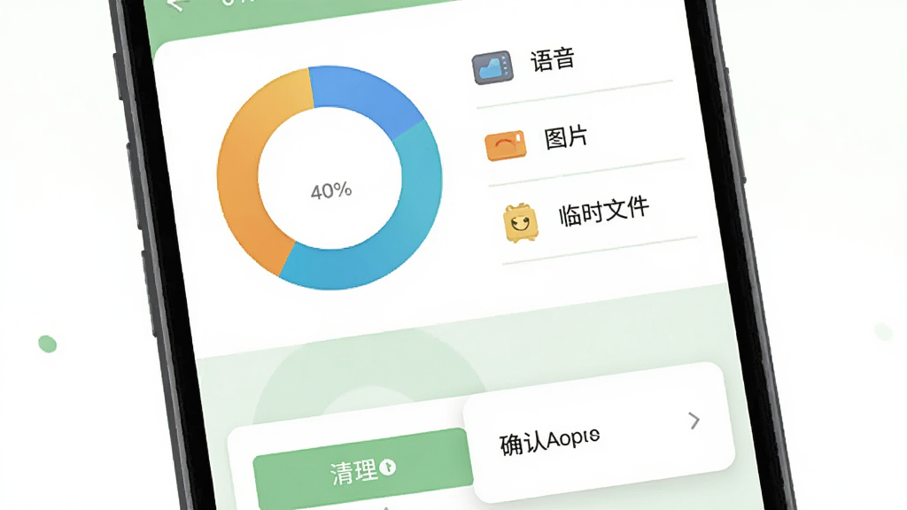 手机屏幕展示萌语缓存管理页面,页面内以环形图与列表结合的方式展示语音、图片、临时文件三类资源的占用比例,下方有清理按钮与确认弹窗示意,背景为白色与浅绿色搭配,风格为数据管理类界面插画,细节包括环形图的分段配色与列表分隔线,画质清晰,画面干净,无多余元素