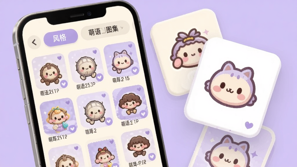 手机屏幕展示萌语扭蛋图集与头像素材页面,画面为网格状图片排列,每张图片带有分辨率标签,顶部有风格筛选按钮,手机旁边漂浮着几张放大展示的可爱头像卡片,整体配色为奶油白与淡紫色,风格为柔和的界面展示插画,细节包括网格间距与图片圆角,画质清晰,画面干净,无多余元素