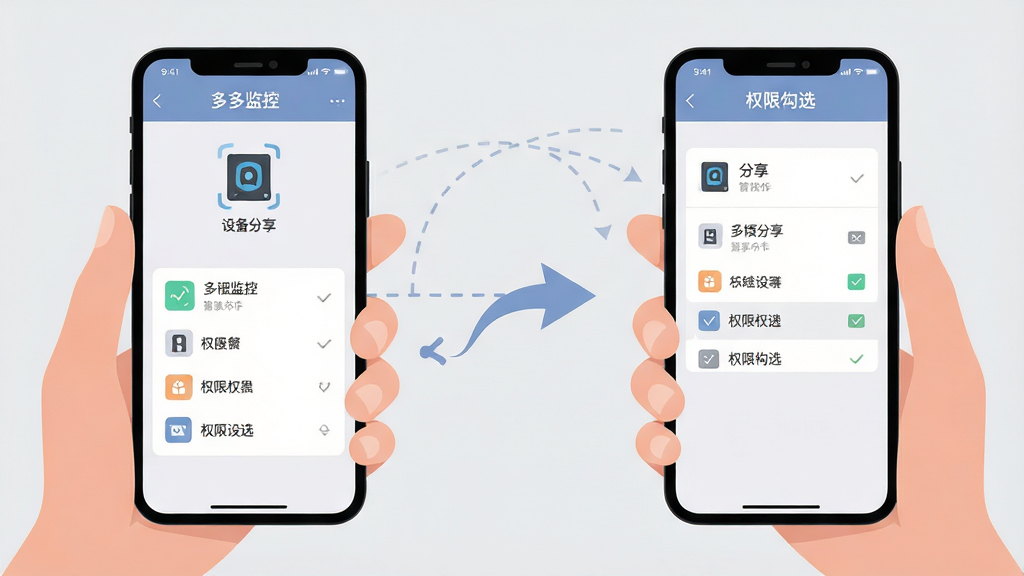 画面主体为两只手分别持手机,屏幕内展示“多多监控”设备分享界面与权限勾选列表;两部手机之间用虚线连接示意分享关系;布局为左右对称构图,背景为浅灰色;风格为扁平化商务插画风,配色柔和;细节上体现权限选项图标清晰、分享箭头流畅;画质干净利落,无多余元素