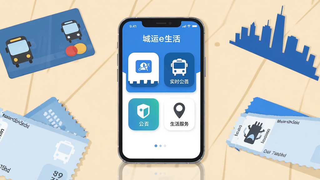 画面主体为一部智能手机,屏幕显示城运e生活应用主界面,界面包含乘车码、实时公交、生活服务等功能图标,手机放置于浅色桌面中央,周围点缀公交卡、地铁票、城市剪影等元素,布局简洁有序,风格为现代扁平化插画,细节上突出界面图标清晰、色彩以蓝白为主,画质高清、干净、无多余元素