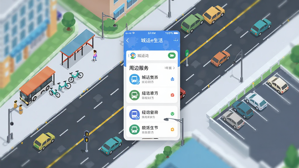 画面主体为城市街区俯视图,一条主干道贯穿画面,道路两侧分布公交站、自行车租赁点、停车场等设施,画面中央叠加城运e生活应用界面浮层展示周边服务列表,布局上道路呈对角线走向,风格为清新信息图插画,细节包含图标标注清晰、色彩明快、道路车辆有序,画质高清、干净、无多余元素