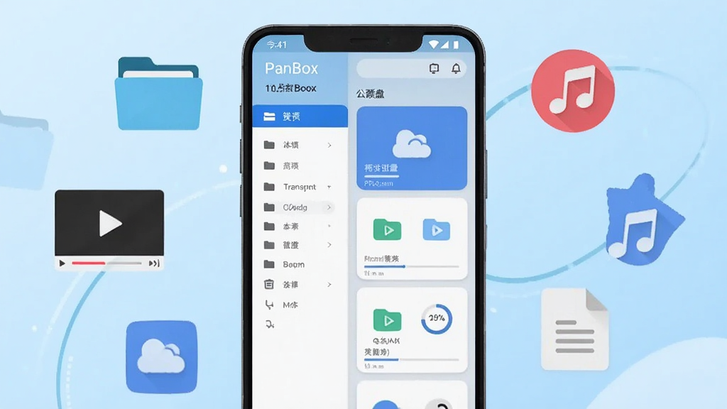 画面主体为一部竖屏安卓手机,屏幕中央显示“PanBox”应用主界面,界面布局为左侧文件分类导航、右侧云盘卡片列表,手机周围环绕悬浮的文件夹、视频播放、音乐、文档图标,背景为浅蓝色渐变,风格为清爽扁平化科技插画,细节包含传输进度条与存储容量环,画质清晰干净,无多余元素