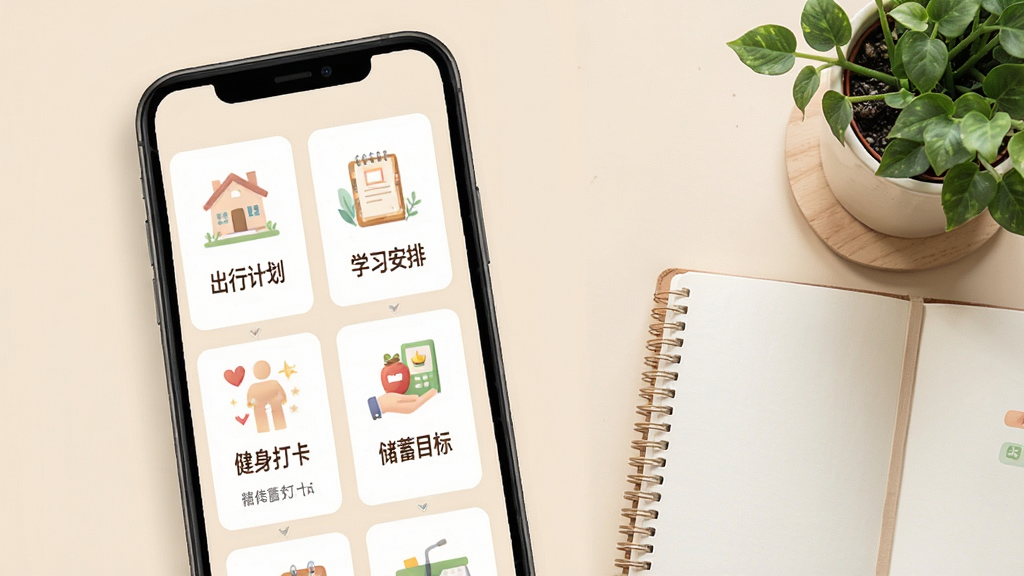 �ù滮ģ������ʾ��ͼ���ֻ���Ļ��չʾ�������ģ�忨Ƭ����Ƭ�Ϸֱ�д�г��мƻ���ѧϰ���š������򿨡�����Ŀ�����������Ƭ������͵Ĳ廭ͼ���񣬱���Ϊ����ɫ�������Ҳ���һ�������ıʼǱ�����ֲ��׺�������Χ��ů���࣬�����������޶������ֶ���