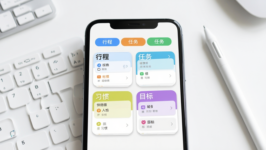 �ù滮Ӧ�õĶ�ά�ȿ������չʾͼ������Ϊһ���ֻ���Ļ��д����Ļ�ڳ����ĸ���ɫ��ǩҳ�ֱ��ע�г̡�����ϰ����Ŀ�꣬ÿ����ǩ�������ɿ�Ƭ��Ŀ����Ƭ��Ե����Բ����ǳ��Ӱ������Ϊ�ɾ��İ�ɫ����̨�棬�Ա߷���һ֧���رʣ������ˬ�ִ�������ϸ�壬��ͼ���У�������Ԫ��