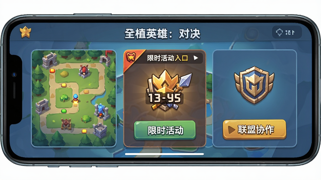 一幅展示“全植英雄:对决”多种游戏模式的界面截图风格画面,画面主体为手机屏幕内呈现冒险闯关地图、限时活动入口与联盟协作按钮三个功能模块的并列布局,每个模块配以对应的图标与文字标签,风格为清新游戏UI界面风,细节包括地图路径线条、活动倒计时标识、联盟徽章图案,画质清晰,画面干净整洁,无多余元素