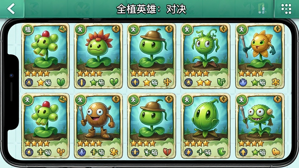 一幅展示“全植英雄:对决”英雄收集界面的画面,画面主体为多个植物英雄角色以卡牌形式排列在手机屏幕网格中,每个卡牌上绘有不同造型的植物英雄形象,卡牌下方标注星级与属性图标,布局为整齐的网格状排列,风格为清新卡牌收集界面风格,细节包括卡牌边框装饰、英雄立绘细节、星级标识,画质清晰明亮,画面干净无杂乱元素