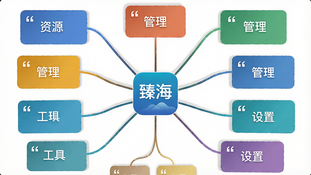 画面主体为一张扁平化信息架构示意图,中心为“臻海”应用图标,向外辐射出多条分支线条,连接不同颜色的分类卡片,卡片上以引号标注“资源”“管理”“工具”“设置”等字样。布局呈放射状,背景为纯白,风格简约商务,细节清晰,画质干净,无多余装饰。