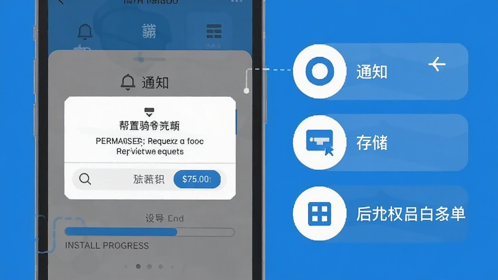 一张表现外卖众包骑手帮手安装与权限设置场景的插画,画面为一部手机屏幕特写,屏幕上显示权限请求弹窗与安装进度条,旁边用图标形式呈现通知、存储、后台白名单等设置项,整体风格为简洁信息图风格,配色以蓝白灰为主,布局清晰,画质干净,无多余元素