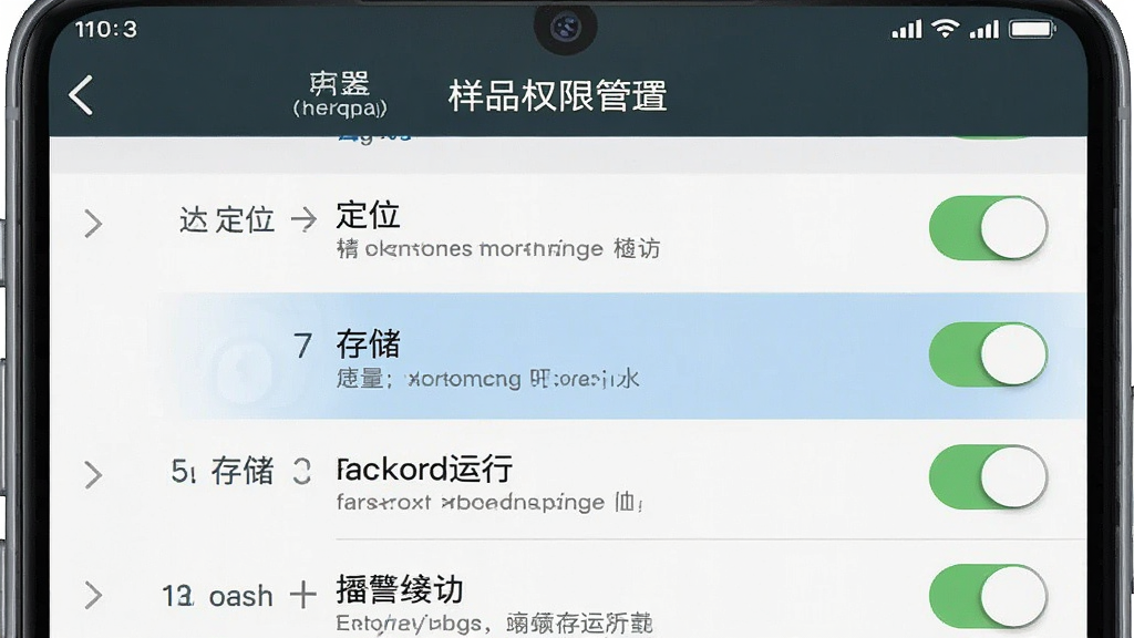 一张手机安全设置界面示意图,画面为竖屏手机屏幕,显示应用权限管理页面,列表中有定位、存储、后台运行等开关项,其中定位权限高亮显示,布局为上下排列的设置列表,风格为系统设置界面写实风,细节包括开关按钮、权限说明小字和顶部标题栏,画质清晰,干净整洁,无多余元素