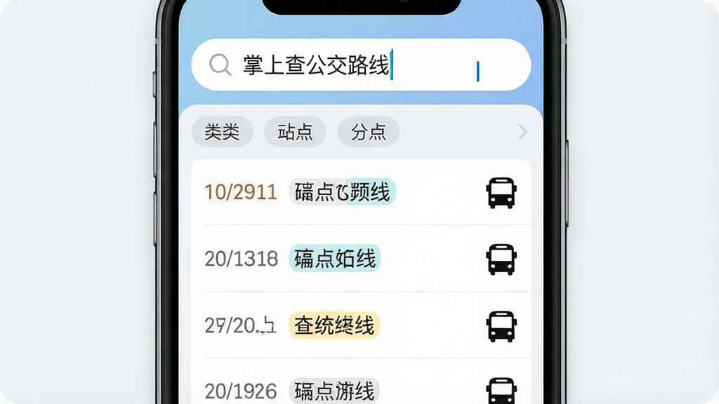 一张手机应用搜索界面示意图,画面为竖屏手机屏幕,顶部搜索框内写着“掌上查公交路线”,下方为联想结果列表,包含线路编号与站点名称条目,右侧配有小型公交图标,布局为上下结构,风格为清爽浅色UI,细节包括搜索光标、分类标签和高亮匹配文字,画质清晰,干净整洁,无多余元素