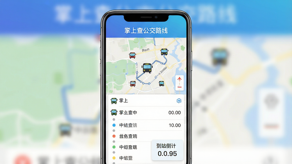 一张手机界面展示图,画面中央是一部竖屏智能手机,屏幕上显示掌上查公交路线软件的实时公交查询界面,顶部为蓝色渐变标题栏写着“掌上查公交路线”,中部为地图与公交车辆图标,下方为线路列表和到站倒计时卡片,整体布局清晰,风格为现代扁平化UI设计,细节包括车辆小图标、站点圆点和时间数字,画质清晰,干净整洁,无多余元素