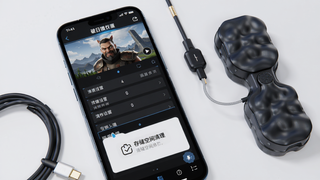 破日开天手机端安装与运行设置界面示意,画面展示一部智能手机屏幕,屏幕上显示游戏画质设置选项与存储空间清理提示,旁边有充电线与散热背夹,整体风格为清爽科技感,构图简洁,画质干净清晰
