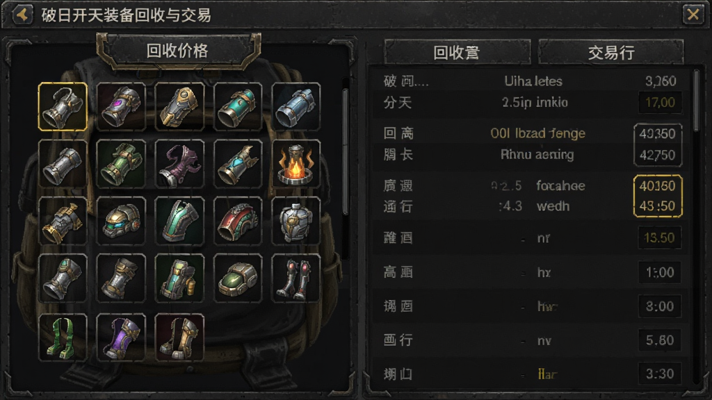 破日开天装备回收与交易界面,画面左侧是背包中排列整齐的各色装备图标,右侧是回收价格与交易行挂单列表,界面风格为深色金属质感UI,文字标注清晰,整体布局规整,画质干净无杂乱元素