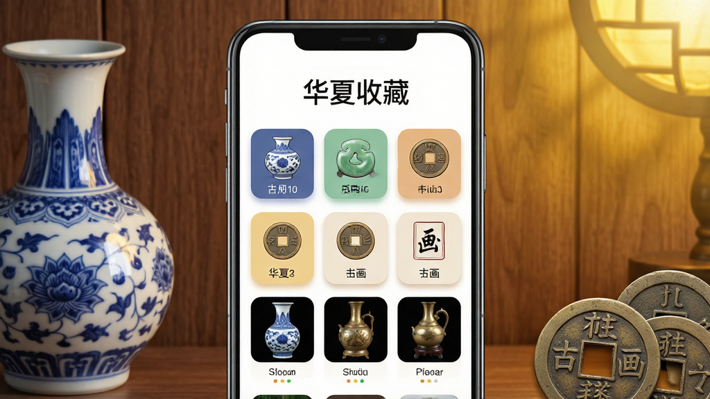 画面主体为一部竖屏安卓手机,屏幕中央展示“华夏收藏”应用主界面,界面内含瓷器、玉器、钱币、书画等古玩分类图标与藏品缩略图;布局采用手机居中、左右两侧分别点缀青花瓷瓶与古钱币实物元素;排版为上下结构,上方留白放置应用名称“华夏收藏”;风格为传统文化与现代UI融合的写实风格;细节包括木质纹理背景、暖黄色灯光、界面卡片圆角与阴影;画质为高清4K、画面干净、无多余元素