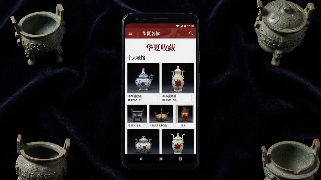 画面主体为一部安卓手机,屏幕显示“华夏收藏”个人藏馆页面,页面内有藏品网格展示与藏馆名称标题;布局为手机竖屏居中,背景为深色绒布,周围点缀几件小型古玩摆件;排版为居中对称构图;风格为沉稳典雅的博物馆氛围;细节包括绒布纹理、藏品缩略图清晰、界面文字为“华夏收藏”;画质为高清、干净、无多余元素