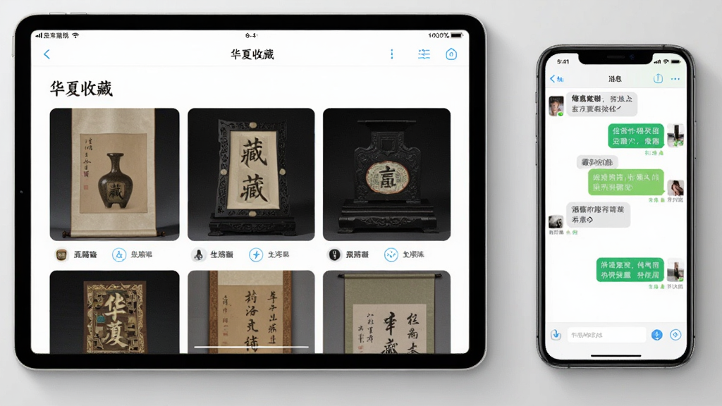 画面主体为一部横屏平板与一部竖屏手机并排摆放,平板屏幕显示“华夏收藏”藏品大图浏览页面,手机屏幕显示消息聊天界面;布局为左右并列,背景为简洁浅灰色桌面;排版为横向对比构图;风格为现代数码产品展示风格;细节包括屏幕内容清晰、设备边框金属质感、柔和阴影;画质为高清、画面干净、无多余元素