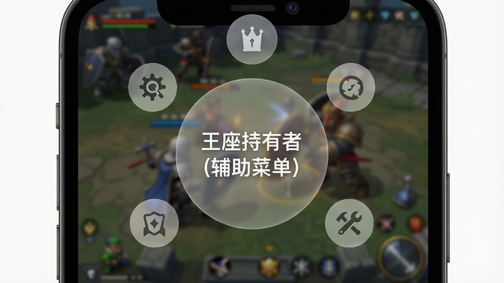 手机屏幕上方悬浮着一个半透明的圆形菜单按钮,按钮上带有“王座持有者(辅助菜单)”字样,按钮周围环绕着几个功能图标,背景是模糊的游戏战斗画面,整体风格简约现代,画质清晰,干净无多余元素
