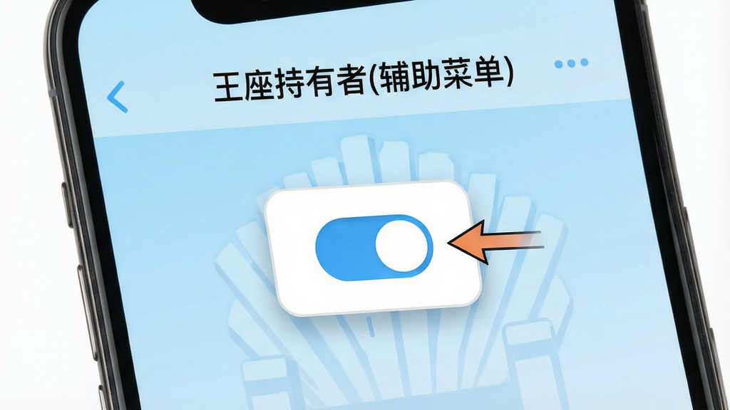 手机屏幕显示“王座持有者(辅助菜单)”的权限设置引导页面,页面中有悬浮窗权限的开关示意图与箭头指示,背景为浅蓝色渐变,整体风格清晰易懂,画质清晰,干净无多余元素