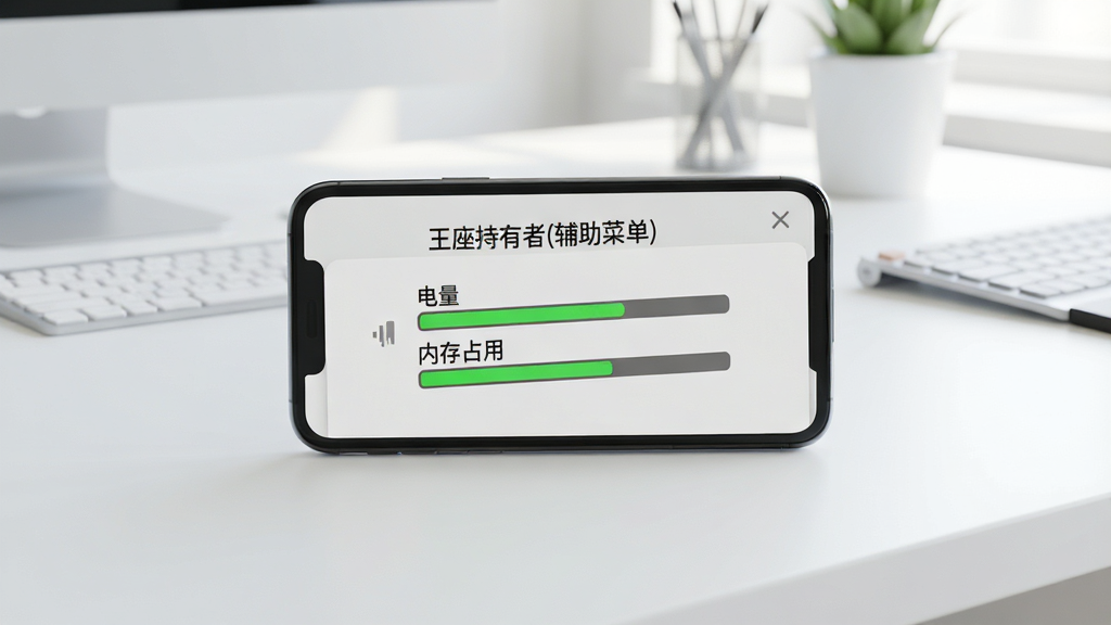 一部手机放置在桌面上,屏幕显示“王座持有者(辅助菜单)”的后台运行状态界面,界面中有电量与内存占用的绿色低消耗指示条,背景为简洁的办公桌面环境,整体风格清新明亮,画质清晰,干净无多余元素