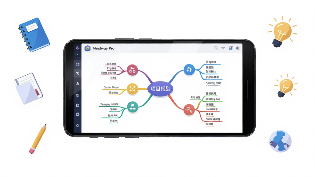 画面主体为一台横向摆放的安卓智能手机,屏幕中央展示 Mindway Pro 软件界面,界面内是一张中心主题为“项目规划”的彩色思维导图,多个分支节点向外延展并配有简洁图标;手机周围悬浮着笔记本、铅笔、灯泡等扁平化小元素,布局采用居中构图,手机略微倾斜增强立体感;排版干净留白充足,风格为现代扁平插画风,配色以蓝紫渐变与白色为主;细节上手机屏幕高光自然、导图线条圆润、节点文字清晰可辨;画质高清,整体干净无多余元素。